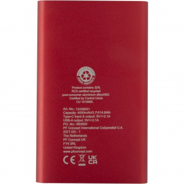 Pep 4000 mAh Type-C recycled aluminium power bank 