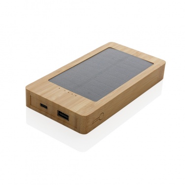 Pruun Sunwick 10 000 mAh bambusest päikeseakupank — perspektiivvaade, logoga personaliseeritav, Logo.ee