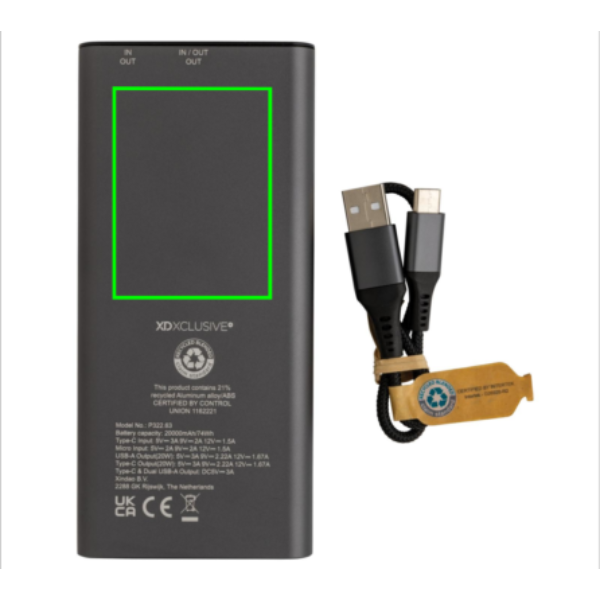 Terra RCS taaskasutatud 20 W alumiiniumist akupank 20 000 mAh: Logo asukoht – toote tagakülg