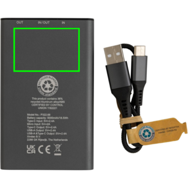 Terra RCS taaskasutatud alumiiniumist akupank 5000 mAh: Logo asukoht – toote tagakülg
