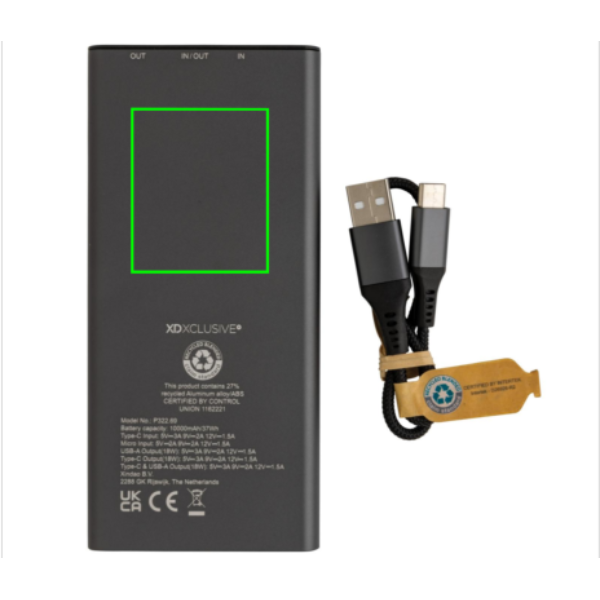 Terra RCS taaskasutatud 18 W alumiiniumist akupank 10 000 mAh: Logo asukoht – toote tagakülg