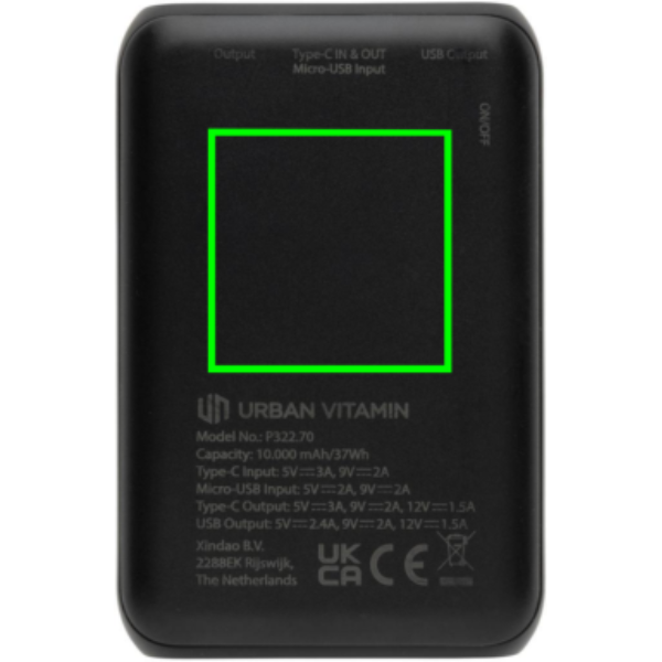 Urban Vitamin Alameda 10 000 mAh 18W PD toitepank: Logo asukoht – toote tagakülg