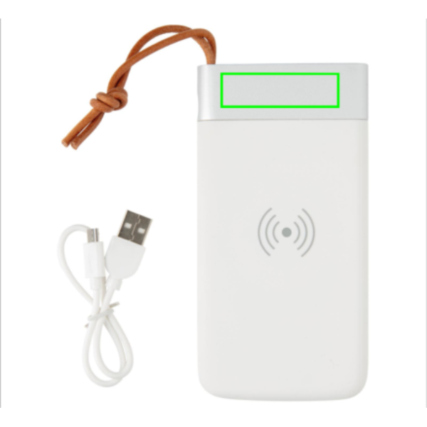 Aria 8000 mAh 5W juhtmevaba laadimise akupank: Logo asukoht – toote esikülje ülaosa