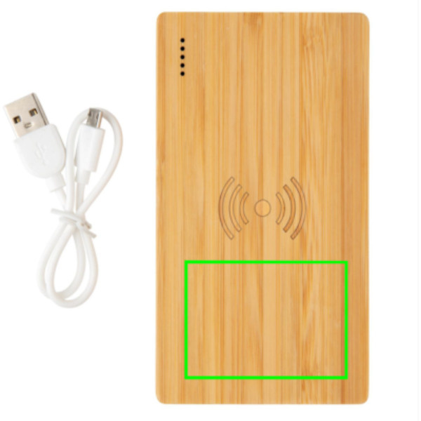 Bambusest 4000 mAh juhtmevaba 5W akupank: Logo asukoht – toote esikülje alaosa
