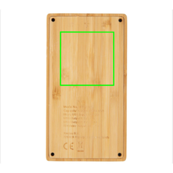 Bambusest 4000 mAh juhtmevaba 5W akupank: Logo asukoht – toote tagakülg
