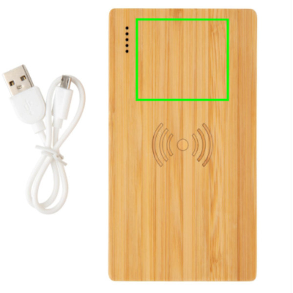 Bambusest 4000 mAh juhtmevaba 5W akupank: Logo asukoht – toote esikülje ülaosa