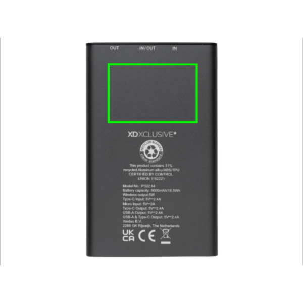 Terra RCS taaskasutatud alumiiniumist 5000 mAh akupank 5W juhtmevaba: Logo asukoht – toote tagakülg